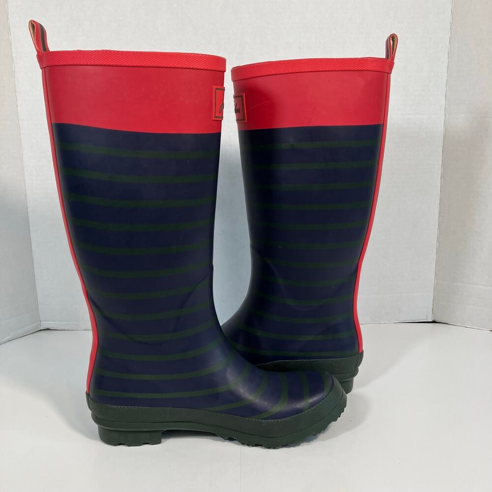 Joules Sz 7 Tall Welly Print Rain Boots Navy & Green Stripe Gold Buckle - Picture 11 of 16